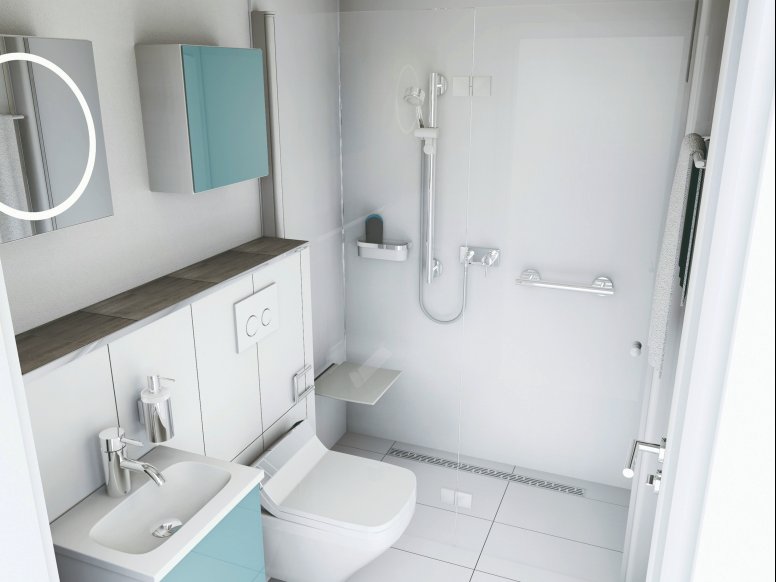 Small bathroom with washbasin, shower area and WC